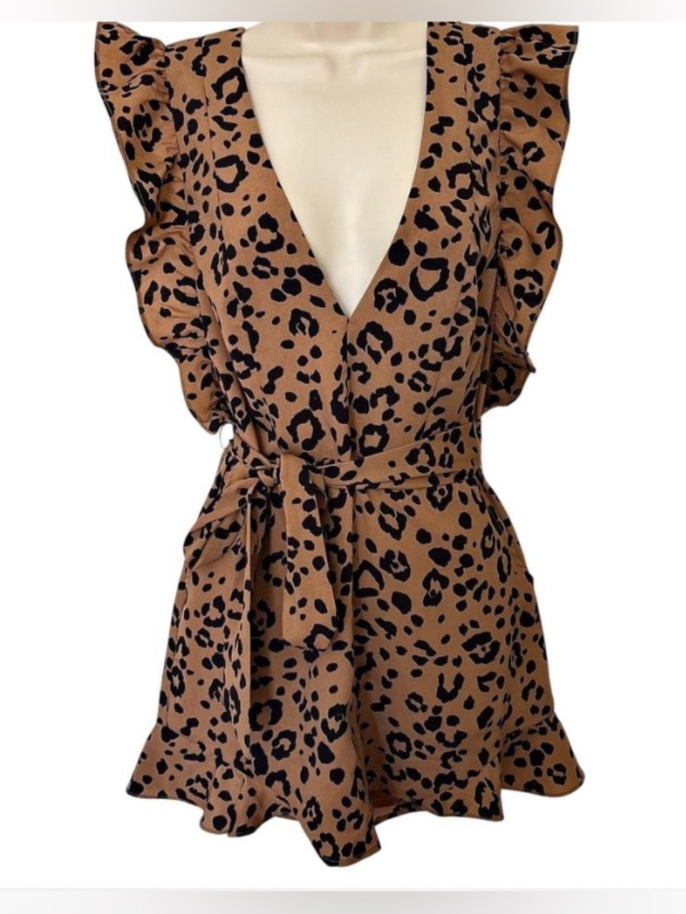LOVERS AND FRIENDS Jill Romper Size XS Leopard Print Flutter Sleeves Ruffle Trim - Picture 2 of 15